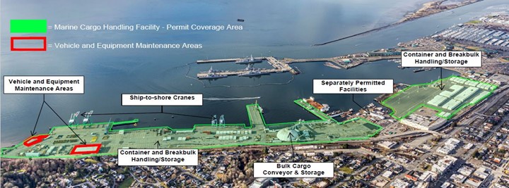 Example of Permit Coverage area showing a variety of industrial facilities  occupying a port waterfront. Those facilities include vehicle maintenance areas, ship to shore cranes, container handling and storeage, Cargo Storage.